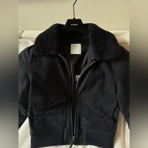 Sandro Navy Wool Aviator Jacket with Shearling